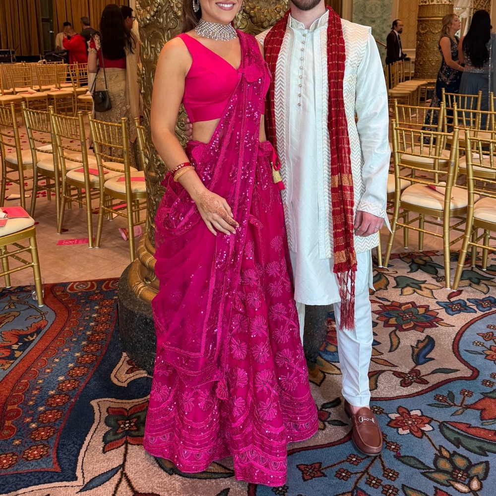 Vibrant Fuchsia Embroidered Lehenga Saree with Matching Blouse